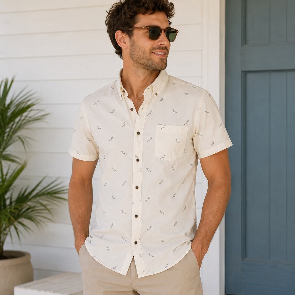 J.Crew Men’s Large Slim Fit Bird Print Shirt Ivory Short Sleeve Button Down
